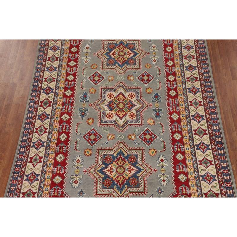 Geometric Grey Kazak Area Rug Handmade Bedroom Wool Carpet - 6'10" x 10'3"