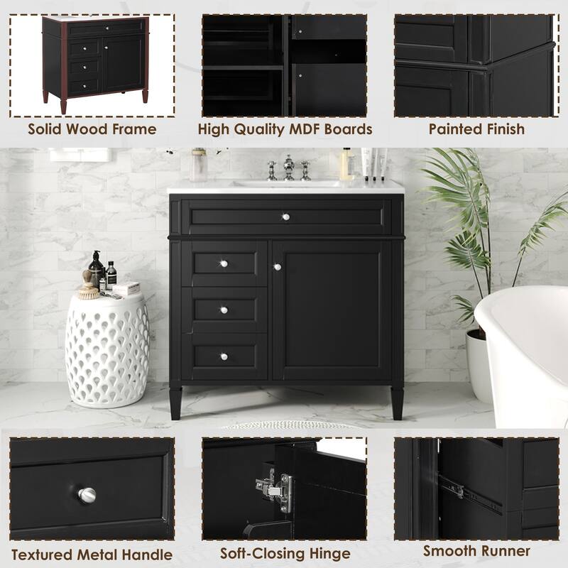 Modern Bathroom Vanity with Amber Storage, Ceramic Sink, 3 Drawers, Tip-Out Drawer, and Concealed Storage