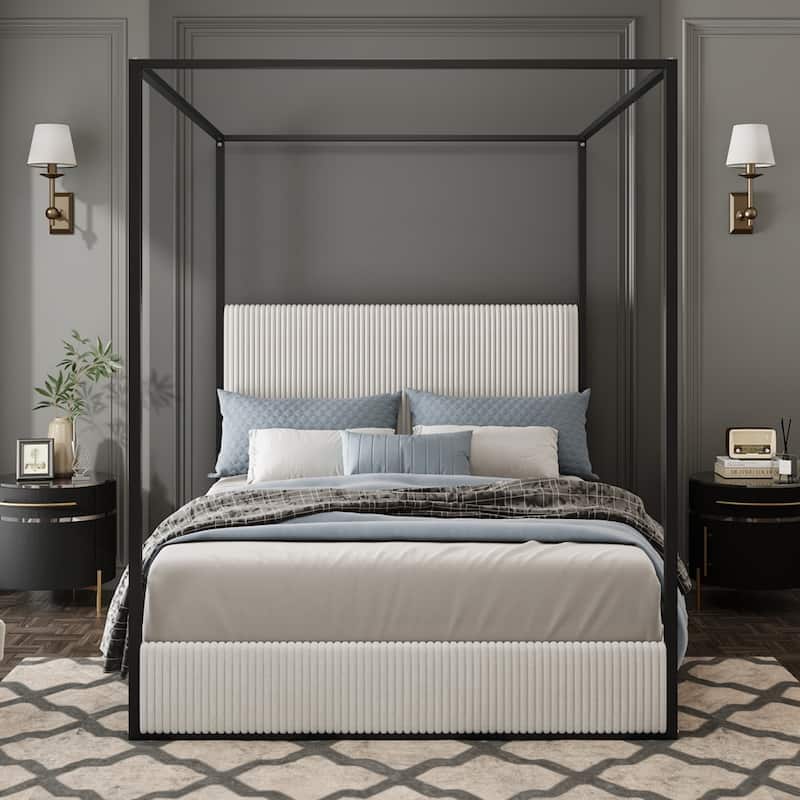 Modern Luxury Metal Canopy Bed with Tall Upholstered Headboard - Black  White - King