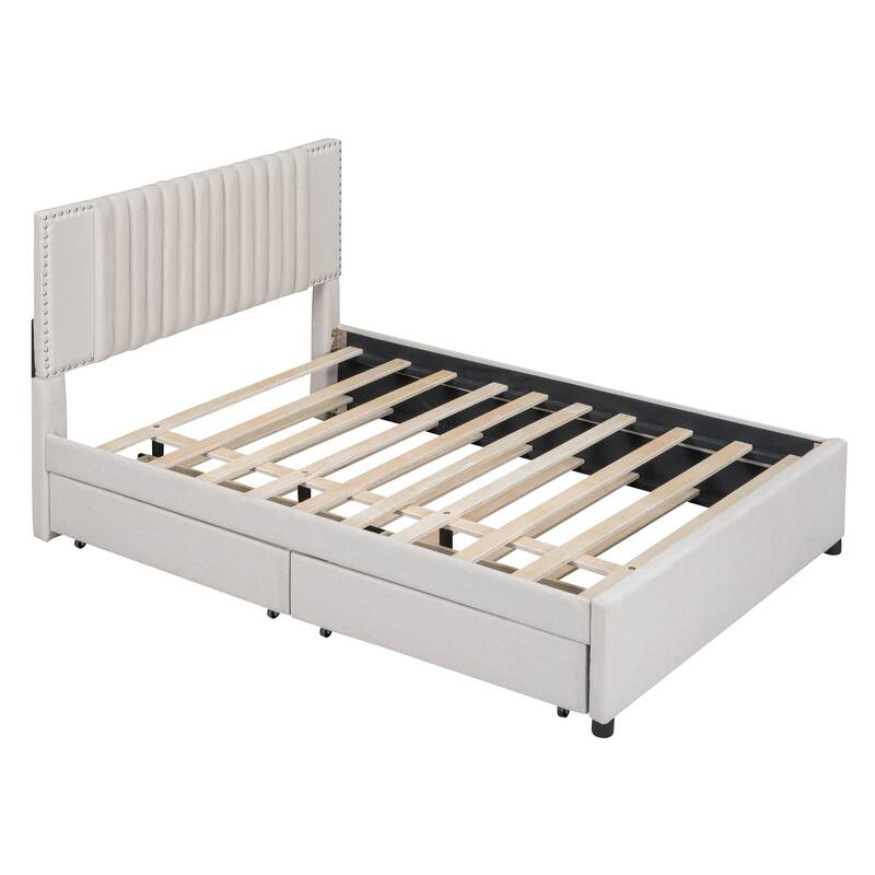 Roomfitters Full Size Upholstered Platform Bed with Twin Trundle, Storage Base, Modern Vertical Channel Headboard, Beige