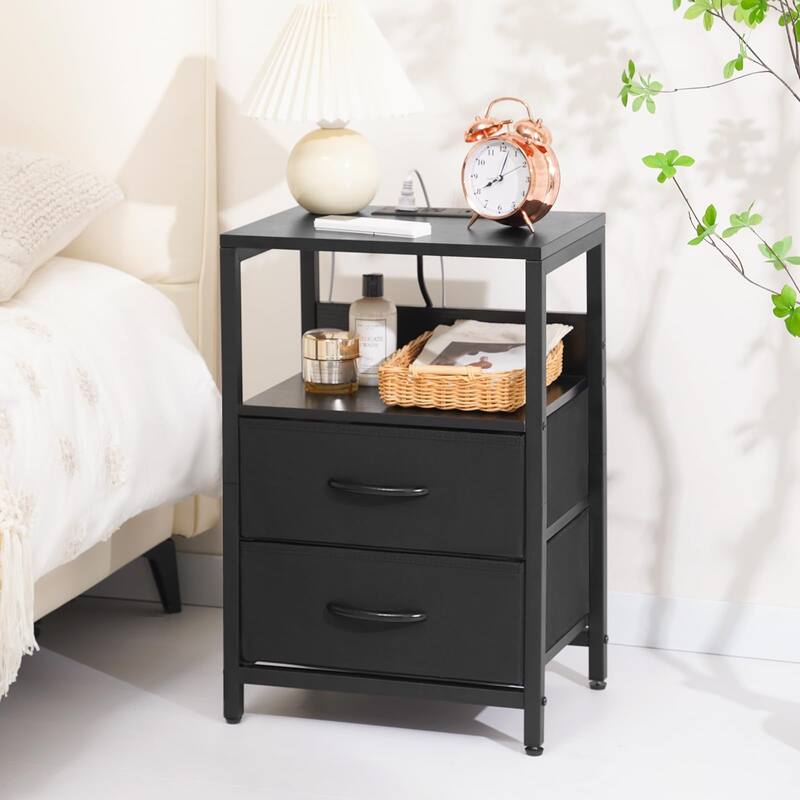 Nightstand with Charging Station,Small Night Stand with Fabric Drawers & Storage Shelf,Small Spaces with USB Ports & Outlets