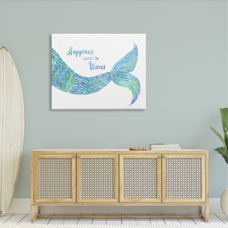 Stupell Happiness Comes in Waves Detailed Mermaid Tail Sentiment Canvas Wall Art, Design by Jackie Decker
