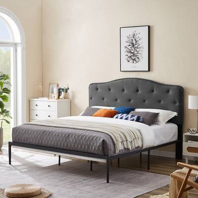 Luxurious Velvet Platform Bed with Metal Frame and Buttons Headboard - Easy Assembly