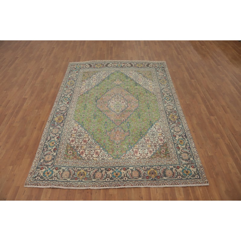 Hand Knotted Oriental 100% Wool Carpet Traditional Medallion Green Tabriz Area Rug - 9' 3'' X 6' 4''