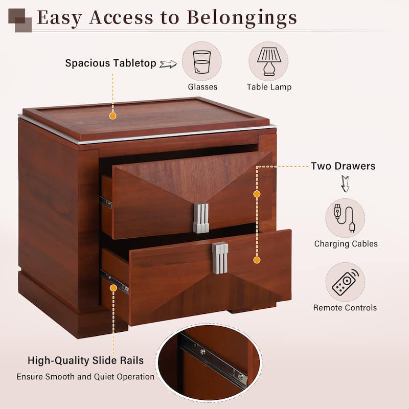 Mid-Century Modern Nightstand for Bedroom, 2 Drawers Sofa Side Table, Wooden Diamond Shaped Bedside Table