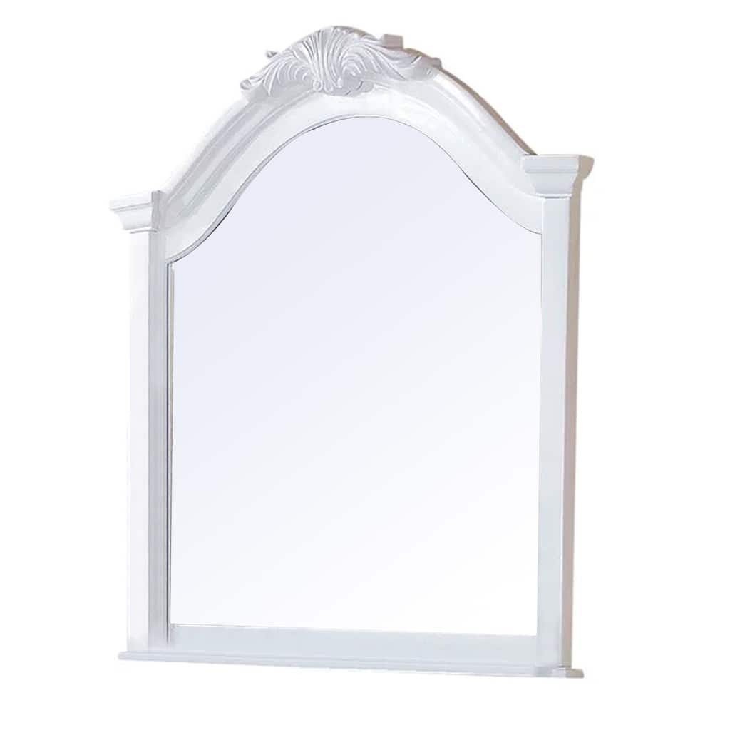 Transitional Style Wooden Wall Mirror with Crown Top, White