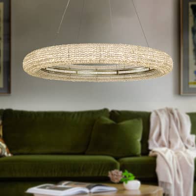 Unique/Statement Soft Gold LED Wagon Wheel Chandelier With Crystal Beads Accents
