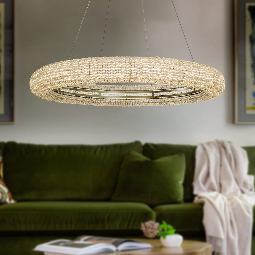 Unique/Statement Soft Gold LED Wagon Wheel Chandelier With Crystal Beads Accents