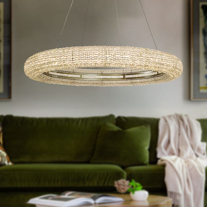 Unique/Statement Soft Gold LED Wagon Wheel Chandelier With Crystal Beads Accents - Dia32" x H4"