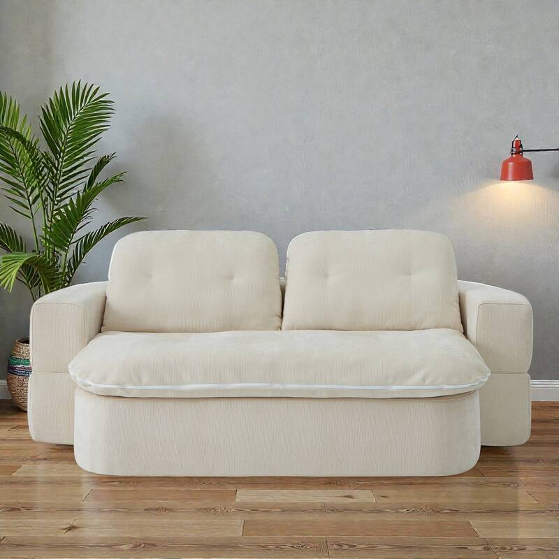 Modern Convertible Floor Sofa Bed with Pillows, Corduroy Foldable Sleeper Sofa Mattress with Built-In Quilt, No Assembly - Beige