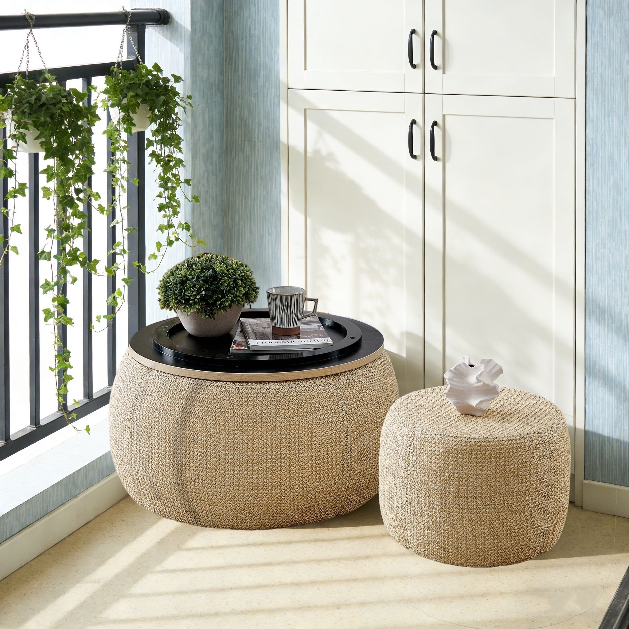 Modern Fabric Storage Stool Set, Includes Round Stool + Storage Stool