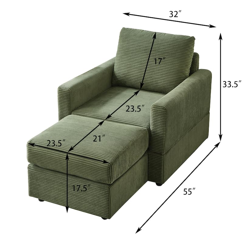 Classic Corduroy Chaise Lounge Accent Chair with Ottoman