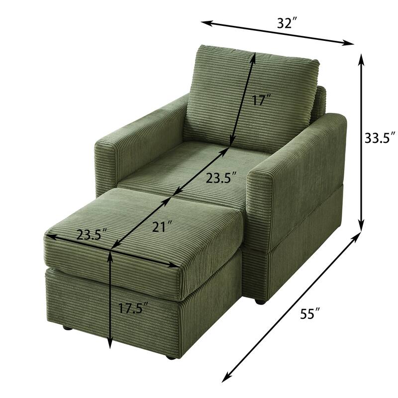 Classic Corduroy Chaise Lounge Chair with Ottoman,Upholstered Sofa Couch Chair for Living Room,Accent Lounge Chair with Armrests