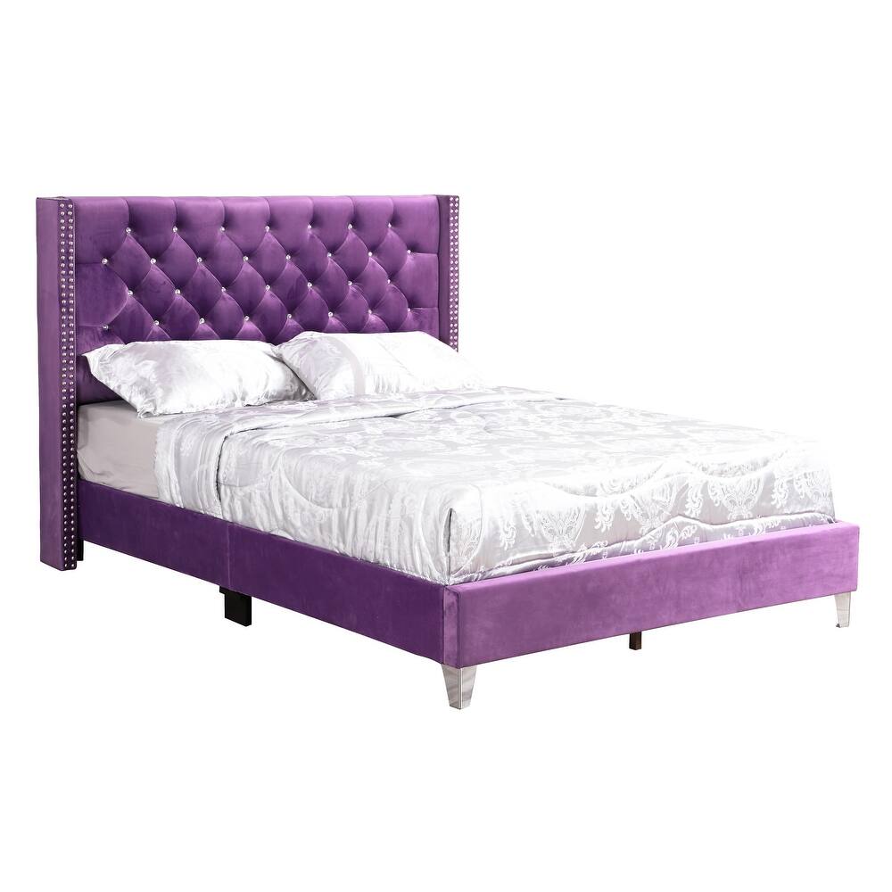 Queen Size Velvet Platform Bed with Foam-Padded Headboard and Transitional Design