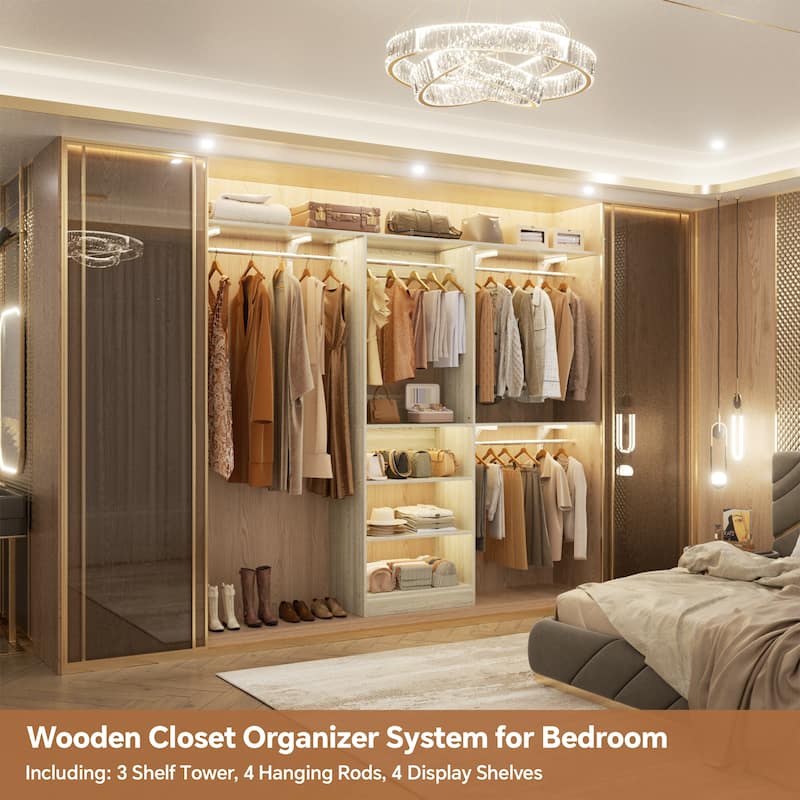 96'' W Walk-in Closet System with 4 Hanging Rods and 3 Shelving Towers, Sturdy Closet Organizer with Storage Shelves