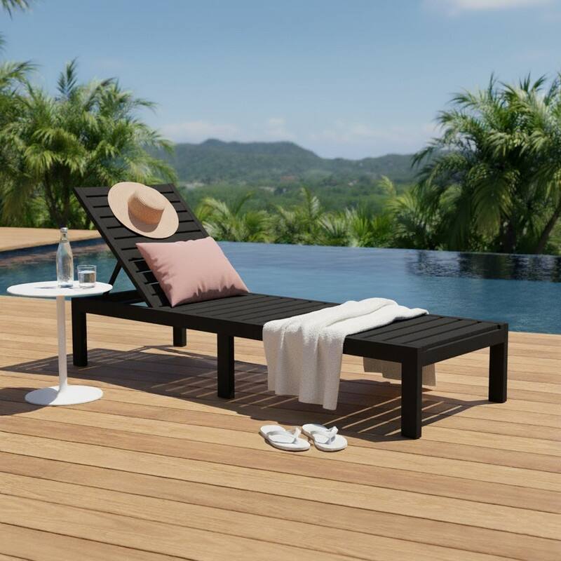 Adjustable 5-Position Reclining Sun Lounge Chair with Wood Texture Design - UV-Protected, Weatherproof Polypropylene Resin - Black