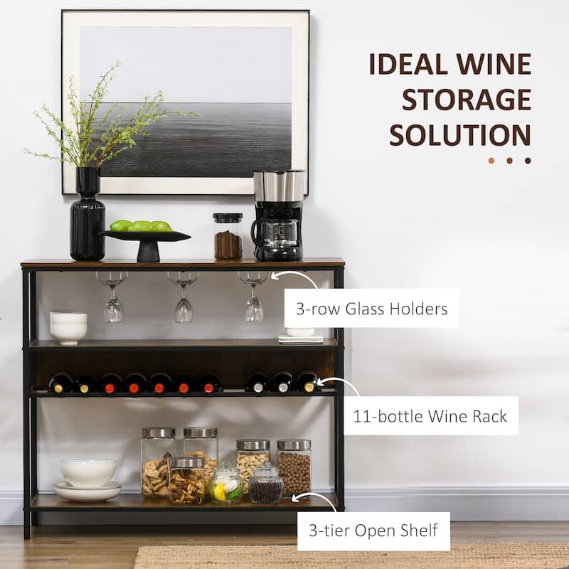 HOMCOM Industrial Wine Rack with 11-Bottles Holder, Free Standing Wine Shelf with Glass Holders, Dark Brown