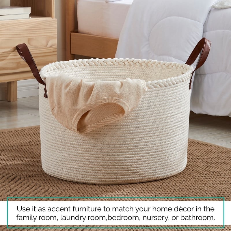 Large Round Cotton Rope Storage Basket Laundry Hamper with Leather Handles, 21 x 21 x 14 - 21" x 21" x 14"