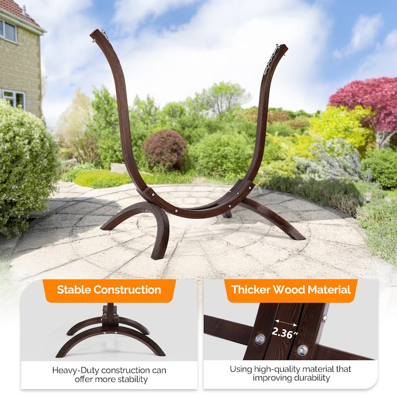 Carbonized Brown Wooden Hammock Chair Stand Curved Russian Larch Frame for Indoor and Outdoor Use Weather Resistant
