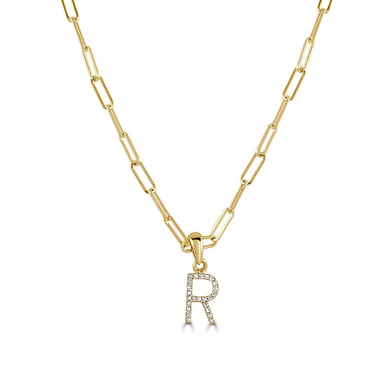Joelle Collection Diamond Initial Letter Necklace Paperclip 14K Gold 16-inch Chain 1/10 TDW Necklace - R - Yellow