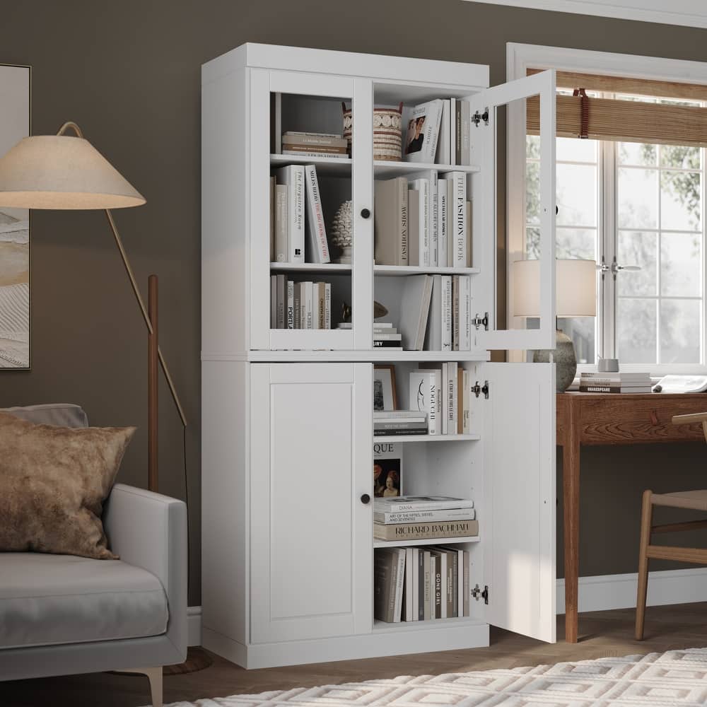 Palace Imports Solid Wood 6-Shelf Bookcase, Raised Panel Clear Glass Doors, Adjustable Shelves