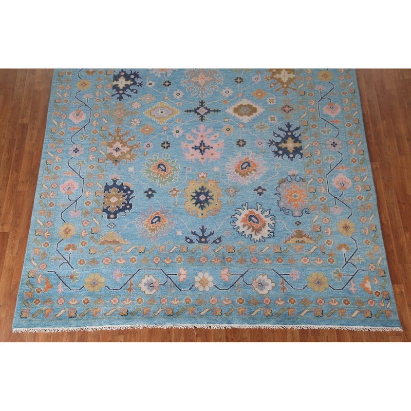 All-Over Blue Floral Oushak Indian Area Rug Handmade Wool Carpet - 8'9"x 12'0"