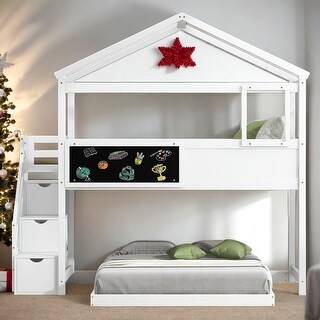 Twin over Full House Bunk Bed with Storage Staircase and Blackboard ...