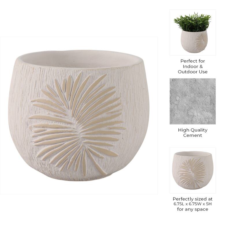 Pottery and Cement Round Planter with Carved Botanical Texture