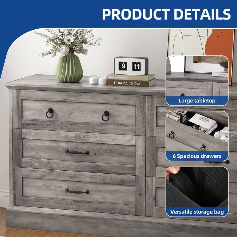 Moasis Farmhouse 59" 6 Drawer/7 Drawers Dresser Chest of Drawers Storage Organizer For Bedroom