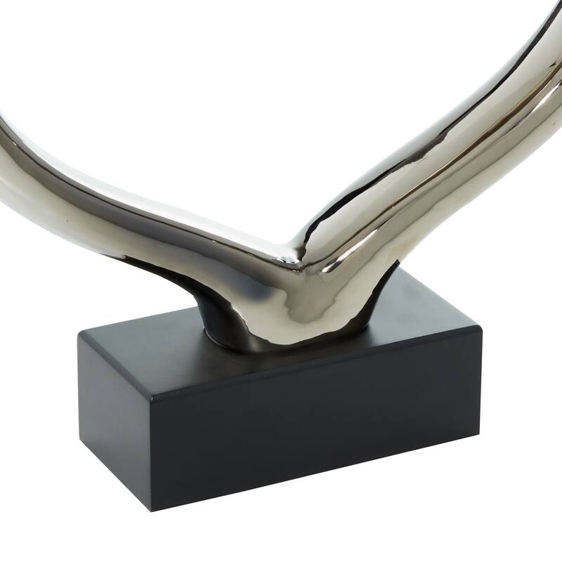 Silver Ceramic Heart Decorative Sculpture with Black Base - 13 x 3 x 2