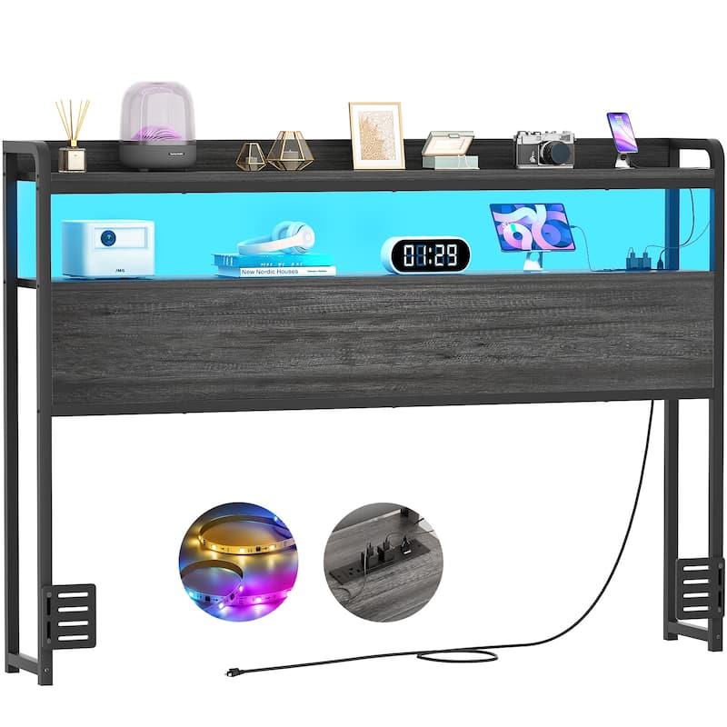 Headboard with Storage Drawers and LED Light, Head Board with Outlets, USB Ports