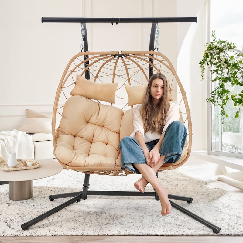 Double Egg Chair with Stand/Adjustable Canopy Patio Hammock Chair Hanging Swing Wicker Rattan Basket for Outdoor Balcony Garden