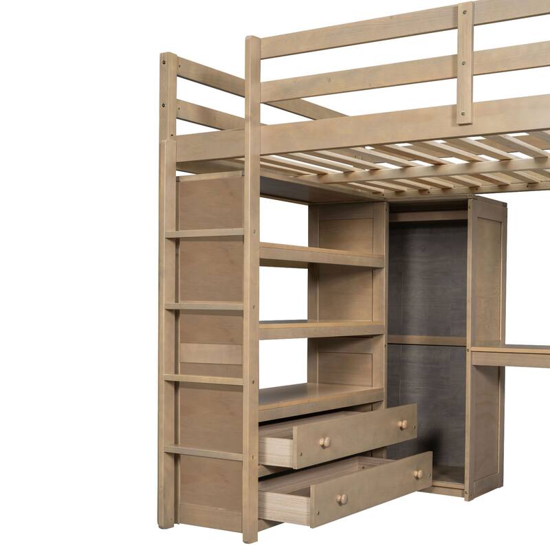 Wood Full Size Loft Bed with Ladder, Solid Pine High Loft Bedframe with Built-in Wardrobe, Desk, Storage Shelves and Drawers