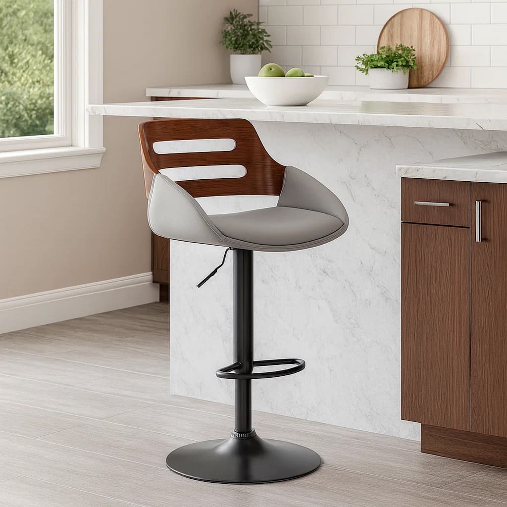 Faux Leather Adjustable Swivel Bar Stool, Walnut and Gray