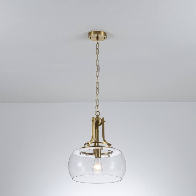 13.8" W Mid-Century Modern Rustic Gold Dome Design Ceiling Pendant with Clear Glass Shade for Dining Room, Kitchen Island, Foyer