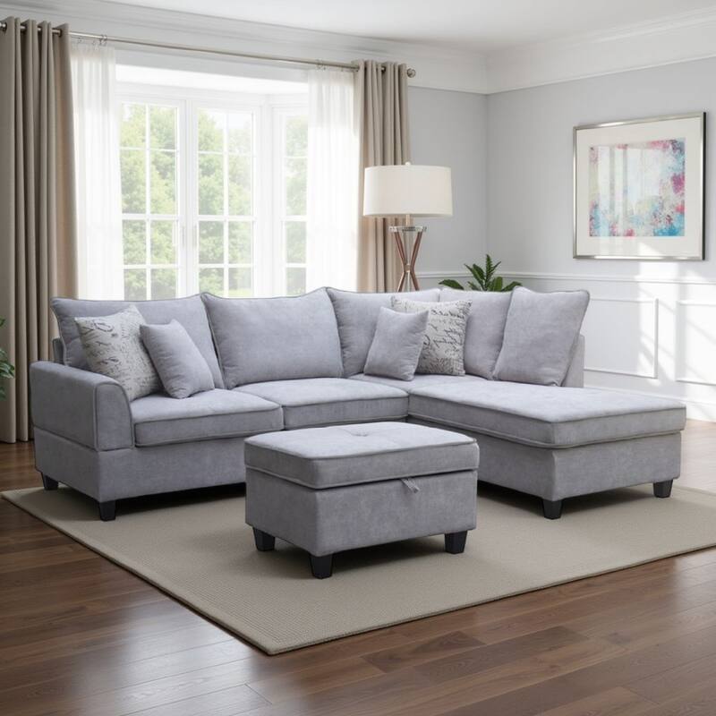 Kyna Sectional Sofa, 4 Pillows, Left Chaise, Storage Ottoman, Gray