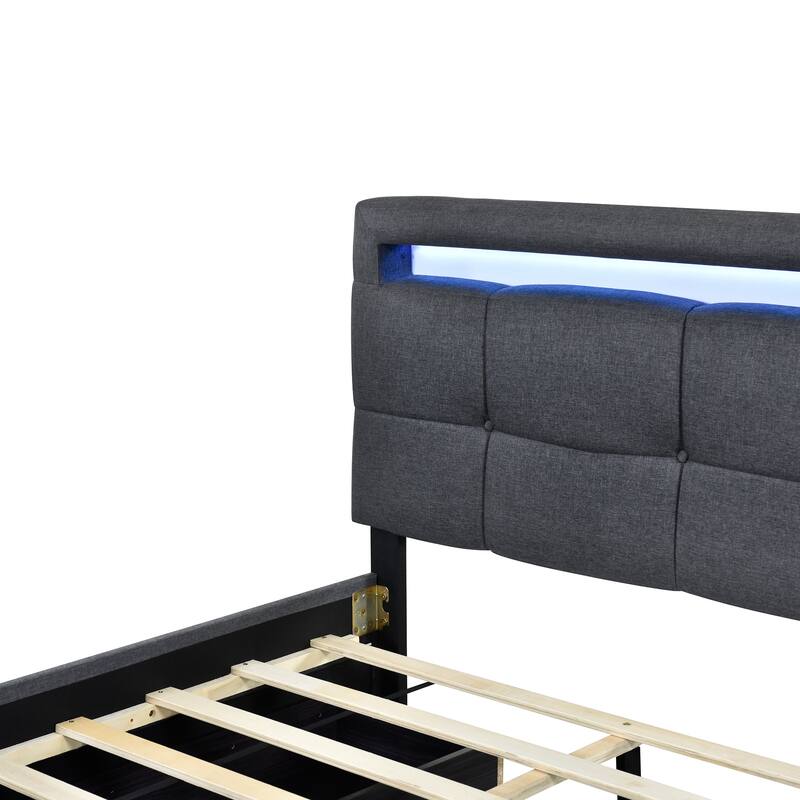 Linen Upholstered Platform Bed Frame with LED Light Headboard & 2 Drawers