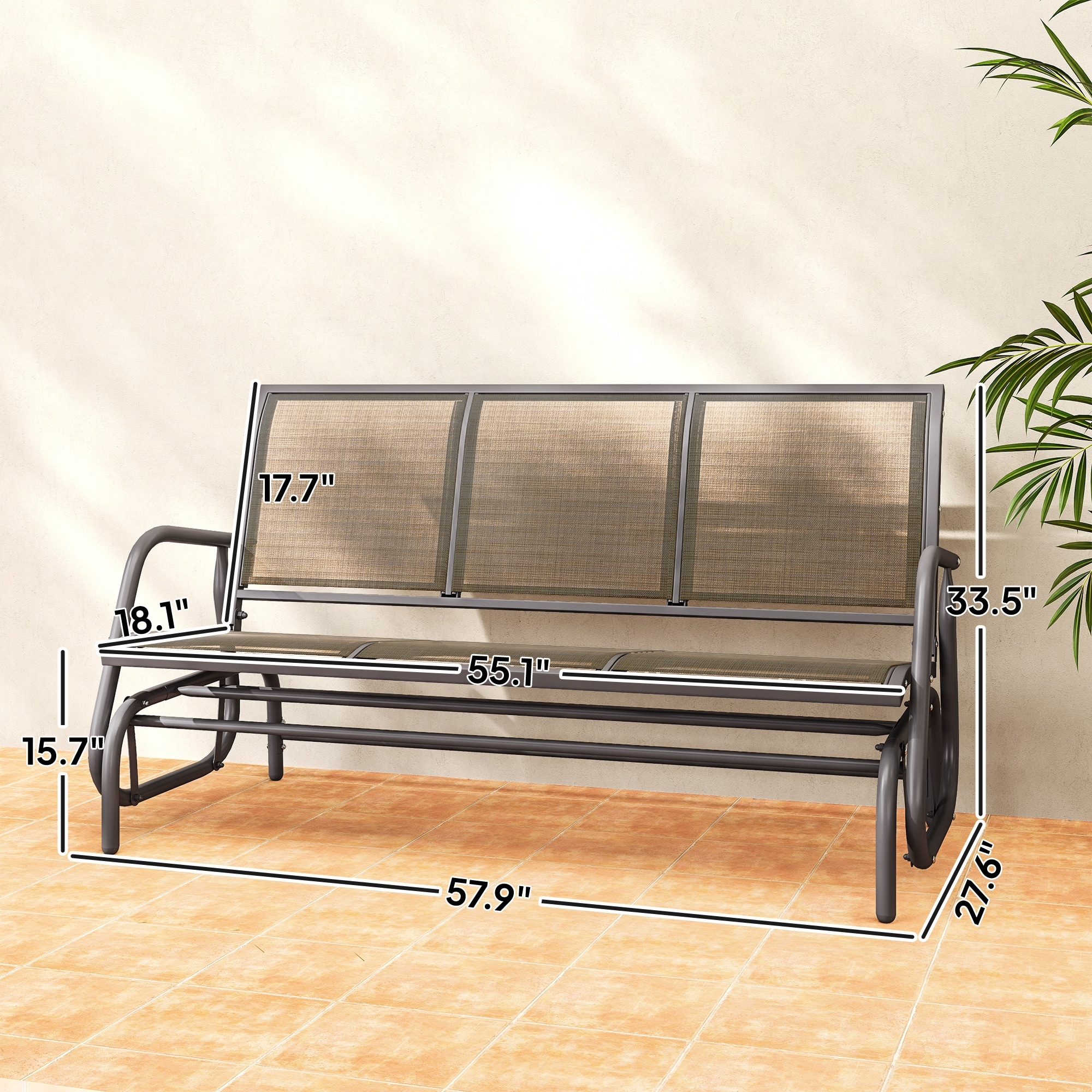 Porch Glider Swing With Three Seats Breathable Mesh Fabric And Metal Frame For Outdoor Patio
