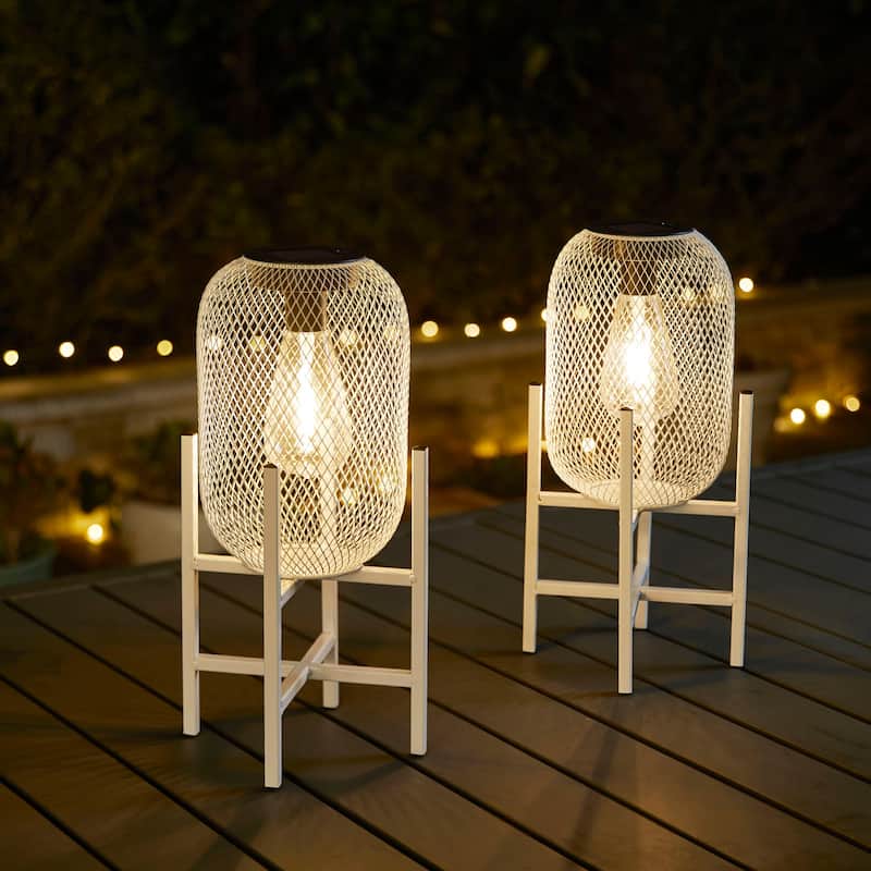 Glitzhome 11.5"H Set of 2 Mesh Edison Bulb Outdoor Solar Lantern with Stand - 14.25"H White