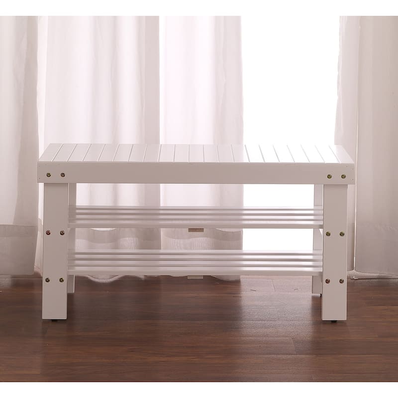 Pina Quality Solid Wood Shoe Bench, White Finish - White