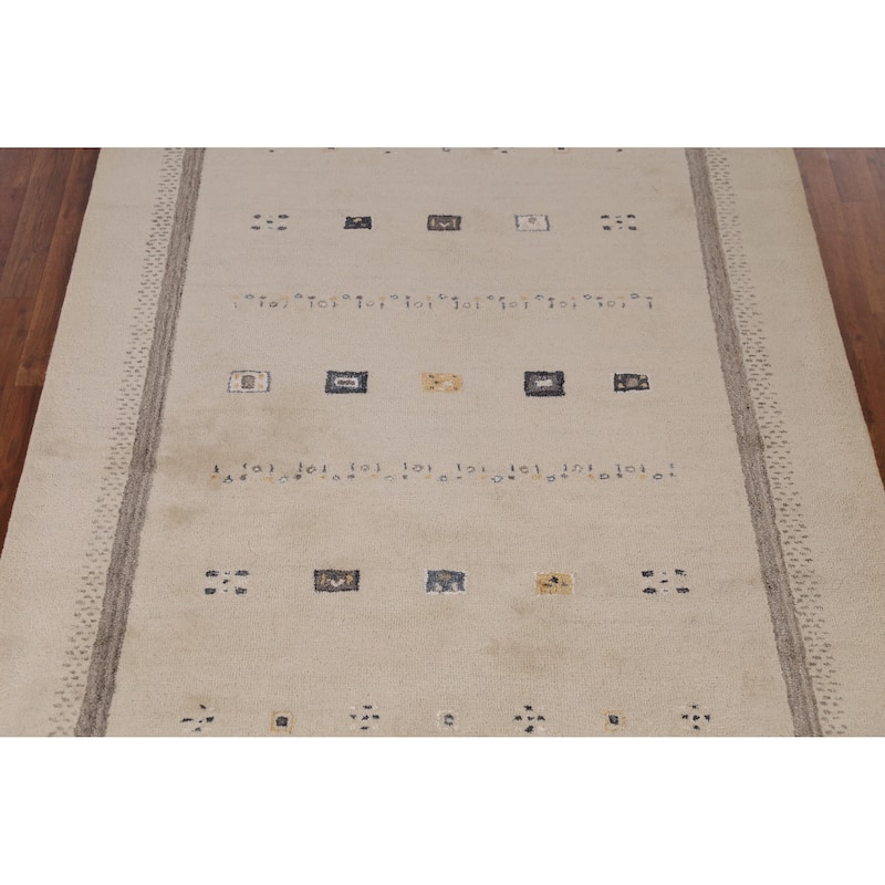 Tribal Geometric Gabbeh Indian Area Rug Beige Handmade Wool Carpet - 5'3" x 7'7"