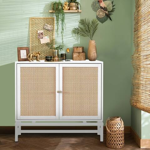 Beach Rattan 2 Door Storage Cabinet, Boho White Sideboard Buffet with Doors and Adjustable Shelf, Wood Entryway Chest, Cupboard