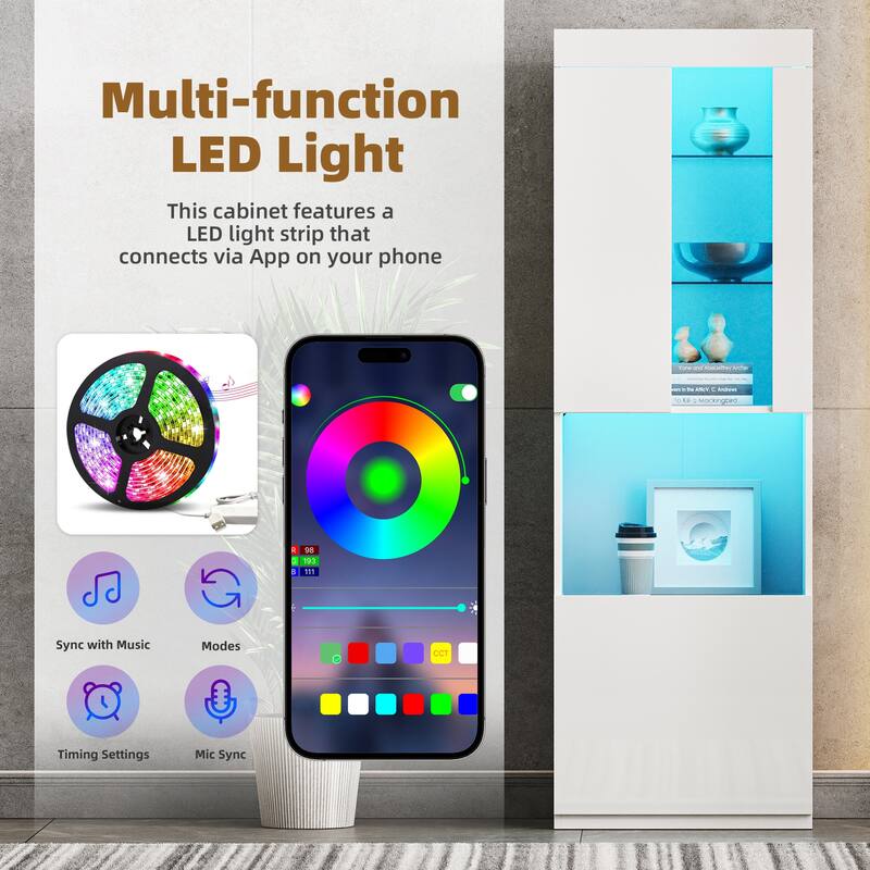 High Gloss Storage Cabinet with LED Lights and Acrylic Door, Tall Pantry Display Cabinet - 21.6" W × 13.7" D × 66.9" H
