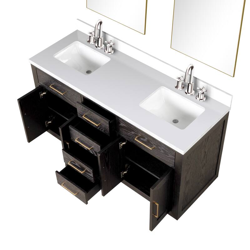 Abbey 60 in W x 22 in D Black Oak Double Bath Vanity, Cultured Marble Top, Faucet Set, and 28 in Mirrors