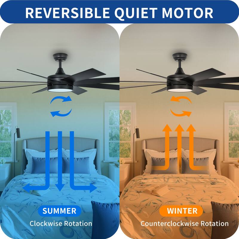 Moasis 60" Matte Black Modern 8-Blade LED Ceiling Fan with Light and Remote