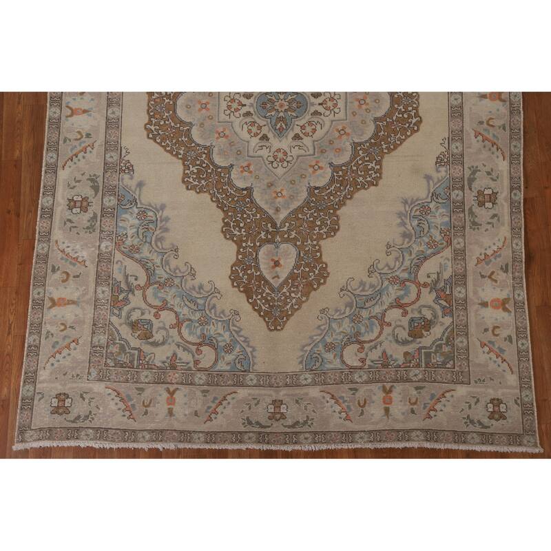 Vintage Medallion Distressed Tabriz Persian Rug Handmade Wool Carpet - 6'6" x 9'6"