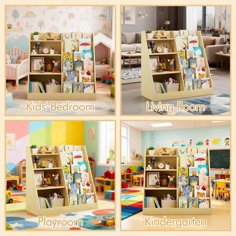 Kids Bookshelf and Toy Storage Organizer, Multifunctional 4 Tier Wooden Kids Book Shelf with Bookcase Display Stand