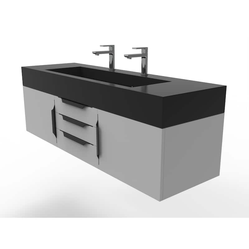 Nile 60" Wall Mounted Bathroom Vanity Set w/ Black Top