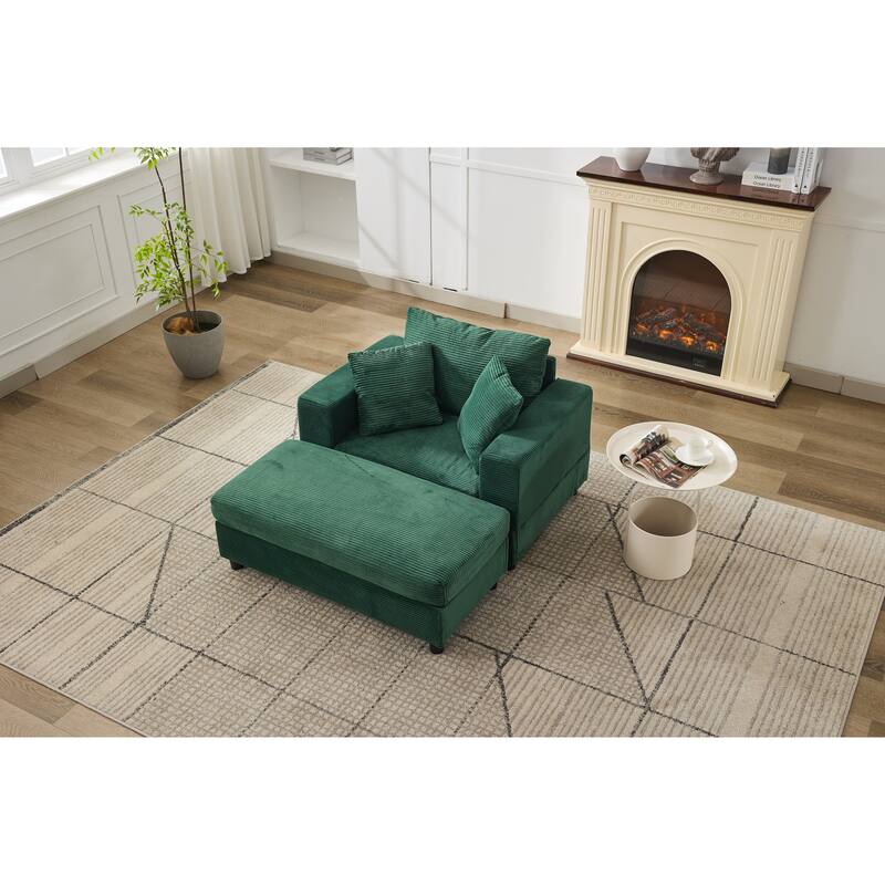 Chaise Lounge Chair with Removable Ottoman, Modern Accent Armchair Corduroy Sleeper Sofa Chair with Pillows for Living Room