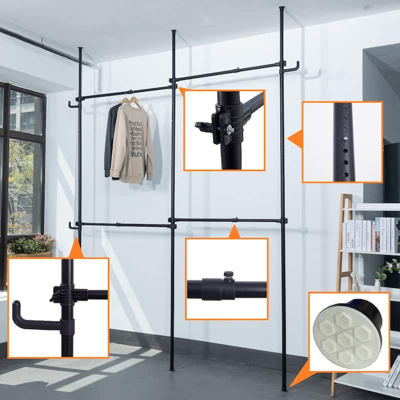 Double Clothing Rack, Adjustable Racks for Hanging Clothes, 2 Tier Clothes Heavy Duty Garment White Closet Freestanding System - Black